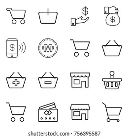 Thin line icon set : cart, basket, investment, money gift, phone pay, crypto currency, add to, remove from, shop, credit card
