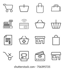 Thin Line Icon Set : Cart, Basket, Shopping Bag, Cashbox, Tap To Pay, Account Balance, Add, Shop, Do Not Trolley Sign, Atm, Credit Card