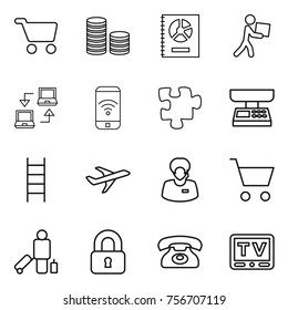 thin line icon set : cart, coin stack, annual report, courier, notebook connect, phone wireless, puzzle, market scales, stairs, plane, support manager, passenger, locked, tv