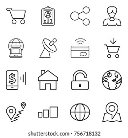 Thin line icon set : cart, report, share, woman, notebook globe, satellite antenna, tap to pay, add, mobile, home, unlock, route, sorting, map