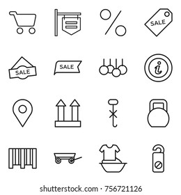 thin line icon set : cart, shop signboard, percent, sale label, info, geo pin, cargo top sign, do not hook, heavy, bar code, trailer, handle washing, distrub