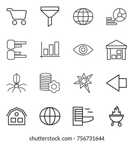 Thin line icon set : cart, funnel, globe, diagram, graph, eye, warehouse, virus, virtual mining, bang, left arrow, house, hotel, bbq