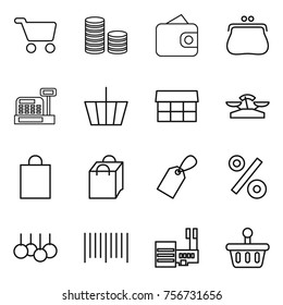 Thin line icon set : cart, coin stack, wallet, purse, cashbox, basket, market, scales, shopping bag, label, percent, sale, bar code, mall