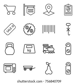 Thin line icon set : cart, shop signboard, pointer, report, sale, percent, bar code, do not hook sign, heavy, train, distrub, grill oven, trailer, pear