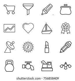 Thin line icon set : cart, funnel, marker, purse, statistics, heart, boat, medal, satellite antenna, sun power, lipstick, pencil, heavy, water tap, harvester, hard reach place cleaning