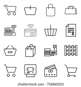 Thin line icon set : cart, basket, shopping bag, cashbox, tap to pay, account balance, remove from, mall, pallet, atm, credit card