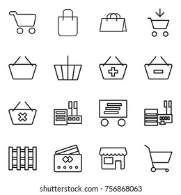 Thin line icon set : cart, shopping bag, add to, basket, remove from, delete, store, delivery, mall, pallet, credit card, shop
