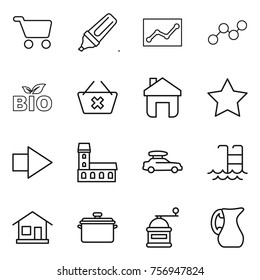 Thin line icon set : cart, marker, statistics, graph, bio, delete, home, star, right arrow, mansion, car baggage, pool, pan, hand mill, jug