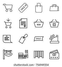 Thin line icon set : cart, sale, shopping bag, add to, account balance, remove from basket, delete, list, label, cashbox, store signboard, mall, bar code, credit card