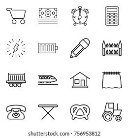 Thin line icon set : cart, money, alarm clock, calculator, lightning, battery, pencil, gothic architecture, truck shipping, train, home, curtain, phone, iron board, pretzel, tractor