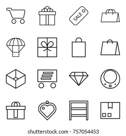 Thin line icon set : cart, gift, sale, shopping bag, parachute, box, delivery, diamond, necklace, hi quality package, heart pendant, rack