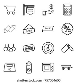 Thin line icon set : cart, shop signboard, investment, calculator, up down arrow, sale, percent, ticket, info, label, heavy, do not distrub, grill oven, trailer