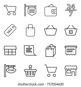 Thin line icon set : cart, shop signboard, wallet, 24 7, sale, shopping bag, basket, delete, market, list, atm receipt, store