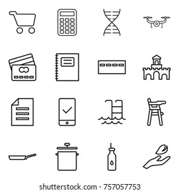 Thin line icon set : cart, calculator, dna, drone, credit card, copybook, bunker, fort, document, mobile checking, pool, Chair for babies, pan, vegetable oil, hand leaf