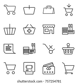 Thin line icon set : cart, basket, shopping bag, add to, shop, store, list, mall, do not trolley sign, atm, credit card