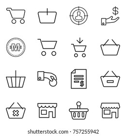 Thin line icon set : cart, basket, target audience, investment, crypto currency, add to, hand coin, account balance, remove from, delete, shop