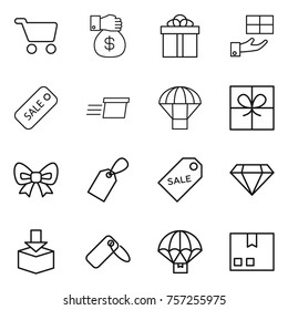 Thin line icon set : cart, money gift, sale, delivery, parachute, bow, label, diamond, package