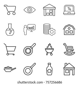 Thin line icon set : cart, eye, warehouse, notebook, round flask, presentation, virtual mining, house, pan, bbq, rocking chair, ketchup