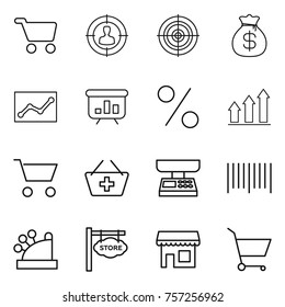 Thin line icon set : cart, target audience, money bag, statistics, presentation, percent, graph up, add to basket, market scales, bar code, cashbox, store signboard, shop