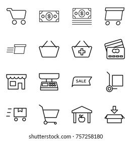 Thin line icon set : cart, money, delivery, basket, add to, credit card, shop, market scales, sale, cargo stoller, fast deliver, warehouse, package