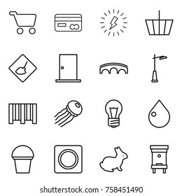 Thin line icon set : cart, card, lightning, basket, under construction, door, bridge, outdoor light, bar code, jellyfish, bulb, drop, bucket, ring button, rabbit, hive