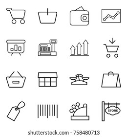 Thin Line Icon Set : Cart, Basket, Wallet, Statistics, Presentation, Cashbox, Graph Up, Add To, Remove From, Market, Scales, Shopping Bag, Label, Bar Code, Store Signboard