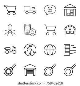 Thin line icon set : cart, truck, money message, warehouse, virus, virtual mining, house, scooter shipping, earth, globe, hotel, pan, garage