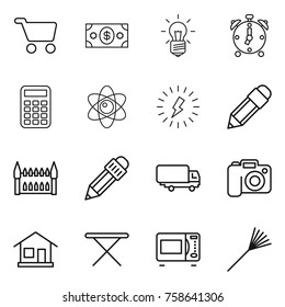 Thin line icon set : cart, money, bulb, alarm clock, calculator, atom, lightning, pencil, gothic architecture, shipping, camera, home, iron board, microwave oven, rake