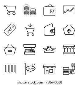 Thin line icon set : cart, coin stack, wallet, statistics, sale, add to, basket, remove from, market scales, bar code, store signboard, shop, mall