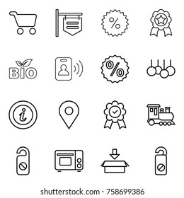 Thin line icon set : cart, shop signboard, percent, medal, bio, pass card, sale, info, geo pin, train, do not distrub, grill oven, package