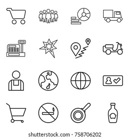 Thin line icon set : cart, team, diagram, truck, cashbox, bang, route, scooter shipping, workman, earth, globe, check in, no smoking, pan, ketchup