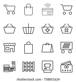 Thin line icon set : cart, shopping bag, tap to pay, basket, add, delete, shop, delivery, mall, pallet, atm, credit card