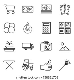 Thin line icon set : cart, money, alarm clock, atom core, rocket, calculator, fountain, shipping, camera, landscape, iron board, tractor, hand drop, rake