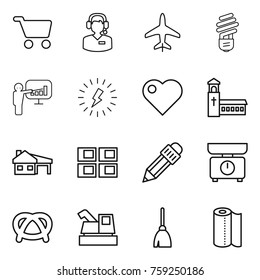 Thin line icon set : cart, call center, plane, bulb, presentation, lightning, heart, church, house with garage, panel, pencil, kitchen scales, pretzel, harvester, broom, paper towel