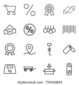 Thin line icon set : cart, percent, medal, up down arrow, sale, bar code, geo pin, do not hook sign, label, heavy, trailer, package, distrub