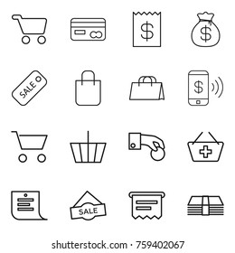 Thin line icon set : cart, card, receipt, money bag, sale, shopping, phone pay, basket, hand coin, add to, list, atm