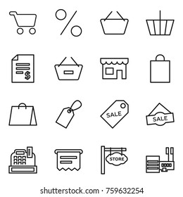 Thin line icon set : cart, percent, basket, account balance, remove from, shop, shopping bag, label, sale, cashbox, atm receipt, store signboard, mall