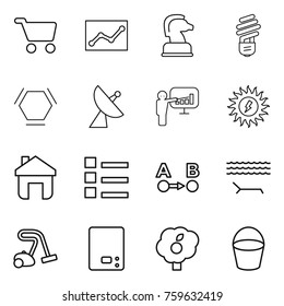 Thin line icon set : cart, statistics, chess horse, bulb, hex molecule, satellite antenna, presentation, sun power, home, list, route a to b, lounger, vacuum cleaner, kitchen scales, garden, bucket