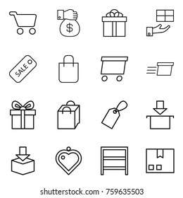 Thin line icon set : cart, money gift, sale, shopping bag, delivery, label, package, heart pendant, rack