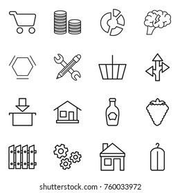 Thin line icon set : cart, coin stack, circle diagram, brain, hex molecule, pencil wrench, basket, route, package, home, ketchup, berry, fence, gears, house, dry wash