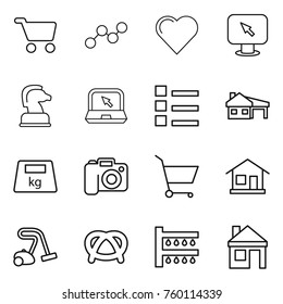 Thin line icon set : cart, graph, heart, monitor arrow, chess horse, notebook, list, house with garage, heavy, camera, home, vacuum cleaner, pretzel, watering
