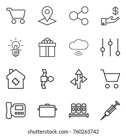 Thin line icon set : cart, pointer, share, investment, bulb, gift, cloud wireless, equalizer, smart house, satellite, route, intercome, pan, spices, syringe