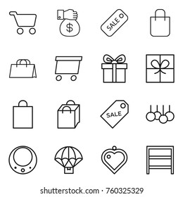Thin line icon set : cart, money gift, sale, shopping bag, delivery, label, necklace, parachute, heart pendant, rack