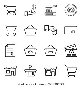 Thin line icon set : cart, investment, cashbox, crypto currency, basket, hand coin, credit card, account balance, add to, remove from, shop