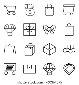 Thin line icon set : cart, money gift, shopping bag, delivery, parachute, bow, box, sale, package, heart pendant