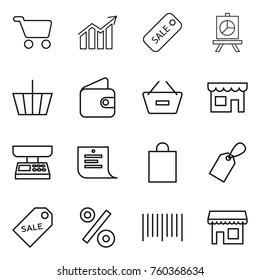 Thin line icon set : cart, diagram, sale, presentation, basket, wallet, remove from, shop, market scales, shopping list, bag, label, percent, bar code