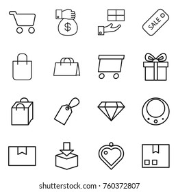 Thin line icon set : cart, money gift, sale, shopping bag, delivery, label, diamond, necklace, package box, heart pendant