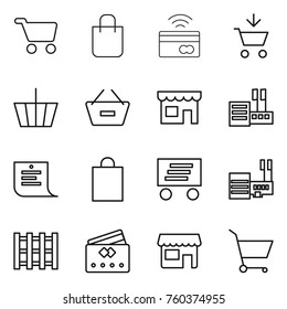 Thin line icon set : cart, shopping bag, tap to pay, add, basket, remove from, shop, store, list, delivery, mall, pallet, credit card