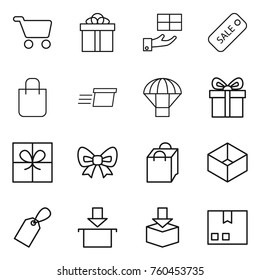 Thin line icon set : cart, gift, sale, shopping bag, delivery, parachute, bow, box, label, package