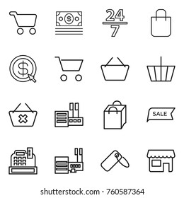 Thin line icon set : cart, money, 24 7, shopping bag, dollar arrow, basket, delete, store, sale, cashbox, mall, label, shop